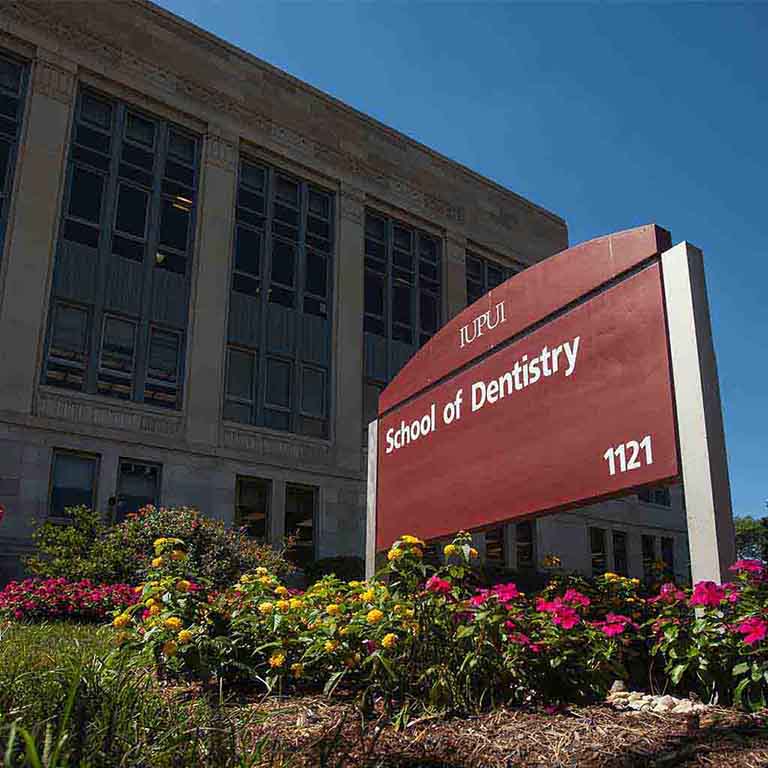 Exterior of the Indiana University School of Dentistry Library on the IUPUI campus.